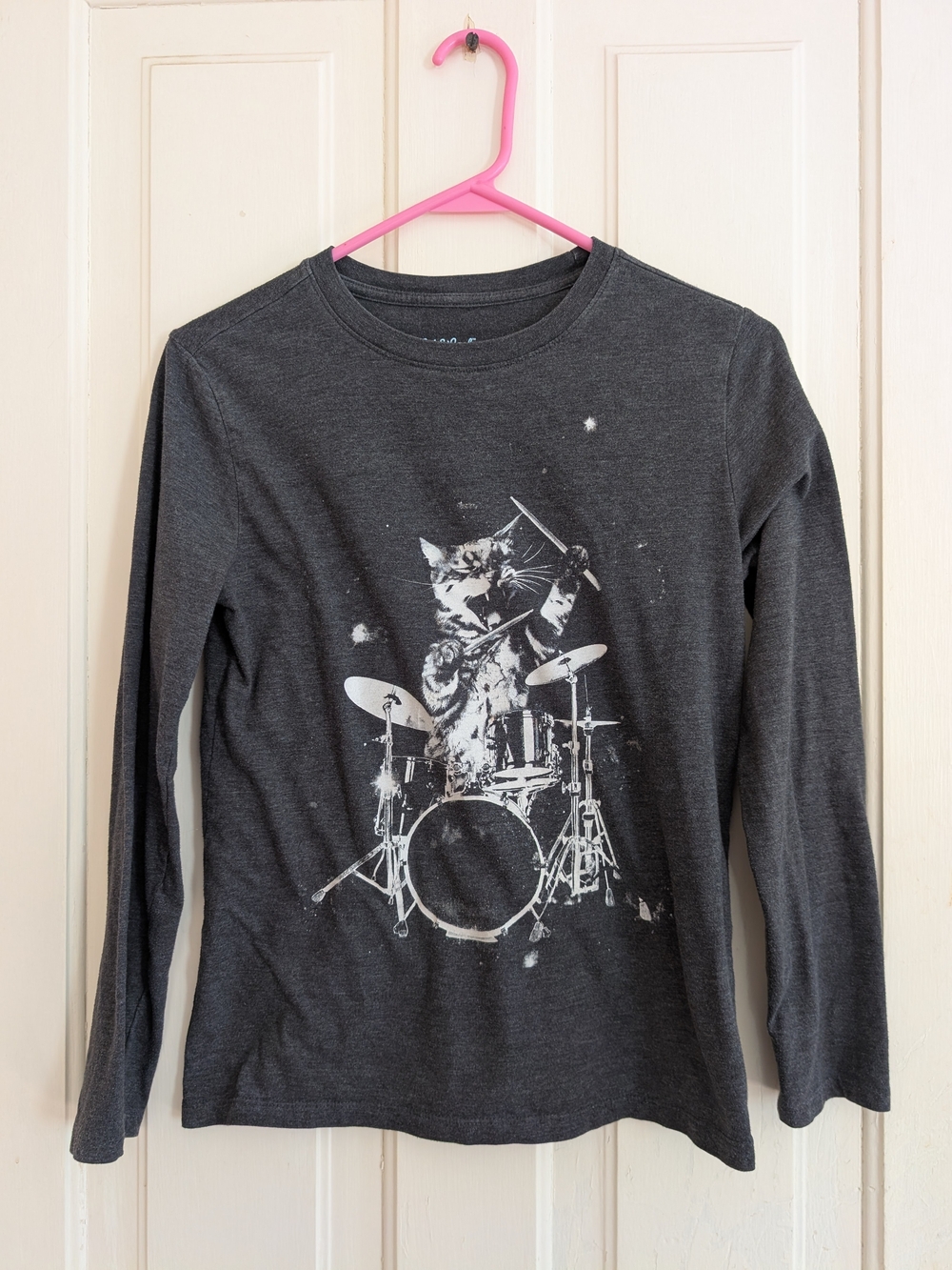 Cat & Jack Charcoal LS Tee with White Cat Drummer Graphic Large